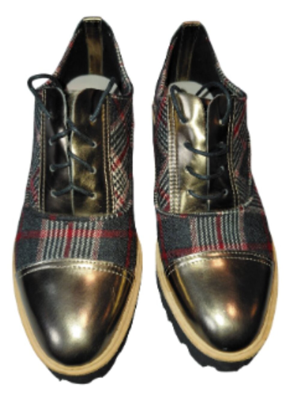 ALL BLACK Plaid Oxfords w/ Gold Patent Toe and Heel Women's Size 8 - Picture 2 of 13